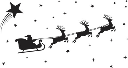 Christmas silhouette of Santa Claus in sleigh flying with reindeer across starry night sky with shooting star isolated on white background for holiday design © Best Design221