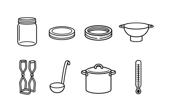 Home kitchen canning tools: glass jar, jar lid, jar ring, canning funnel, jar lifter, ladle, stockpot, thermometer