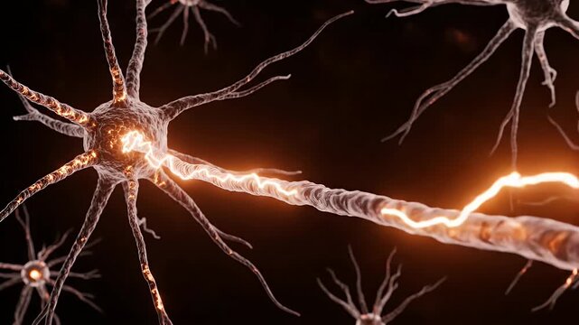 Glowing Nerve Cell on Black - This video shows a nerve cell with an orange glow against a dark background. The neuron is detailed with visible branching dendrites and a glowing axon.