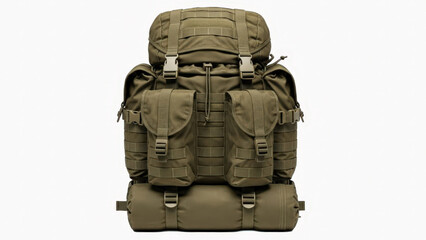 Large olive green tactical backpack with multiple pockets and buckles