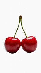 Two ripe red cherries isolated on white background with green stems