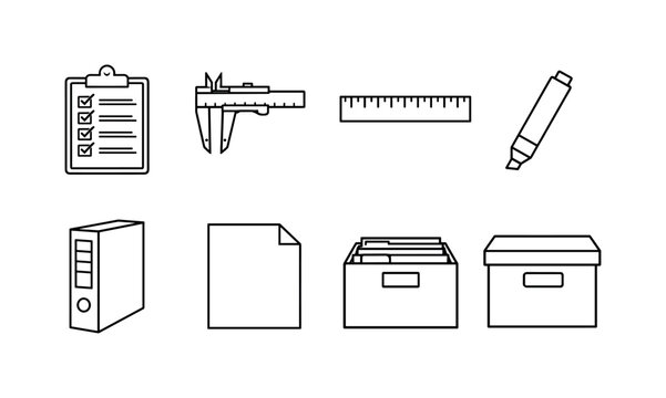 Quality control materials outline solid black lines vector style: checklist board, measuring caliper, ruler, marker, binder, paper sheet, file box
