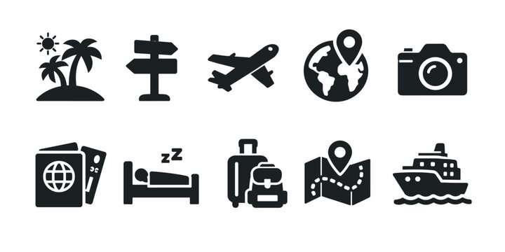 Travel and tourism icon set, vacation, transport, navigation, accommodation, adventure