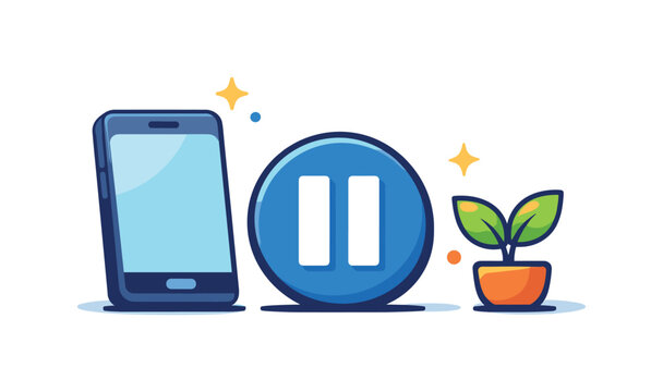Healthy digital boundaries and intentional screen time balance in modern routines, a smartphone placed beside a pause icon and a small plant