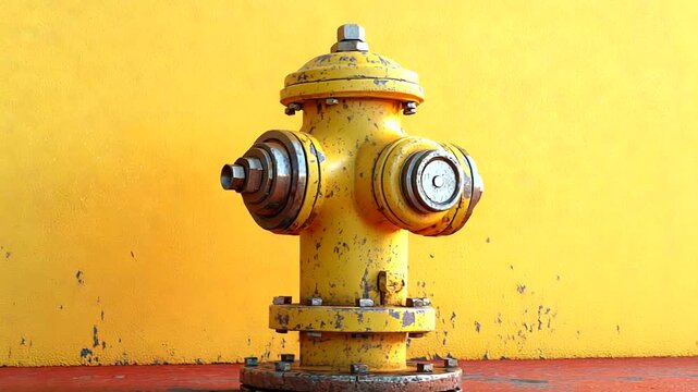 Bright yellow fire hydrant against a vibrant yellow wall background