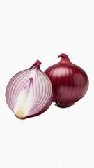 Two red onions one cut open on white background