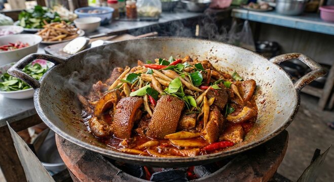 Spicy Thai stir-fried wild boar Pad Phed Moo Pa with herbs and chili oil