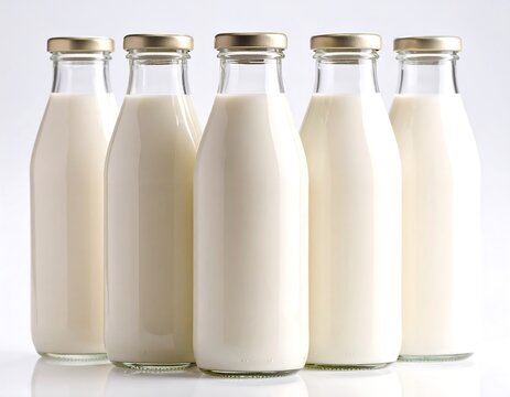 Five glass milk bottles, each with a gold lid, stand together against a white background, some are fuller than others