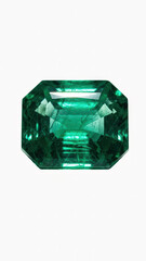 Emerald gemstone with octagonal cut and vibrant green color isolated on white background