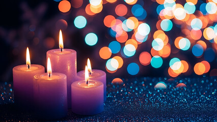 Four Lit Candles on Sparkly Surface with Bokeh Lights