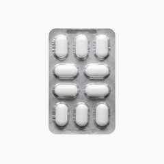 Blister pack of white oval shaped tablets isolated on white background