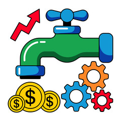 Obraz premium Green faucet with gears and coins and rising arrow on white background