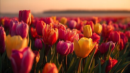 Fototapeta premium Vibrant Tulip Field at Sunset with Golden Hour Glow.