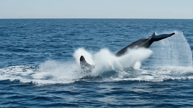 Orca Breaching the Ocean Surface - A majestic orca whale is captured mid-breach, leaping out of the deep blue ocean. Water splashes dramatically as the orca's tail enters the water.