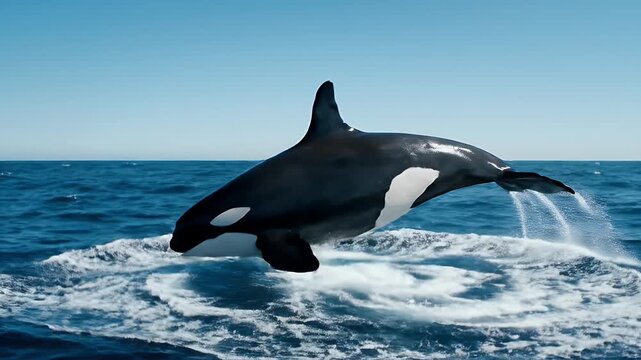 Orca Breaching in the Ocean - A killer whale, or orca, breaches the surface of the ocean against a clear blue sky. The orca is black and white and water splashes from its tail.