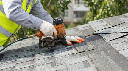 Person in safety gear using a nail gun on a roof with gray shingles outdoors