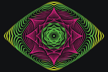 Colorful geometric pattern with pink green and yellow shapes on black background