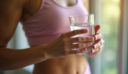 A woman wearing sportwear holding glass of water