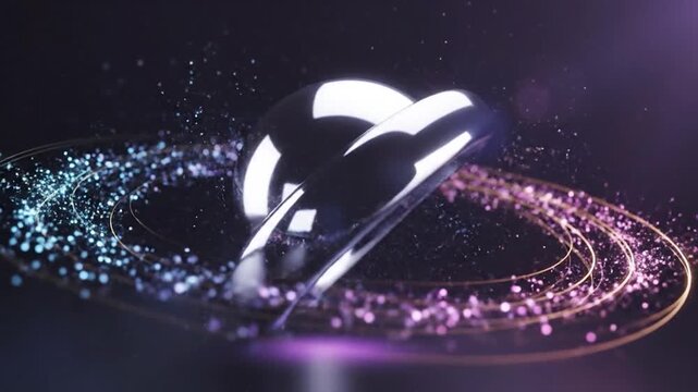 Dynamic neon light trails create an abstract oval shape with sparkling particles