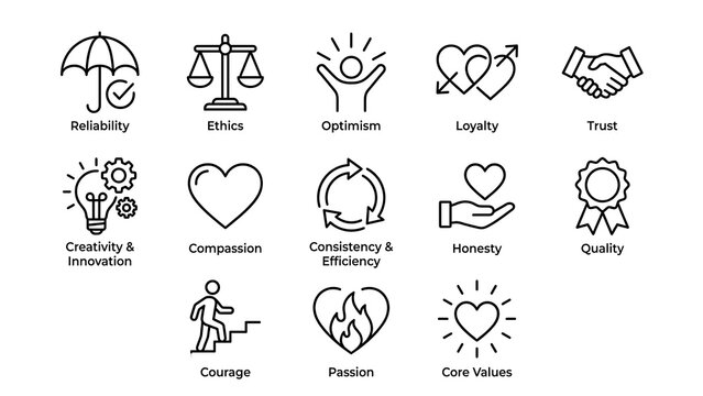 Business ethics and values icon collection created in line style with black and white palette