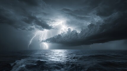 Fototapeta premium Dramatic Lightning Storm Over Dark Ocean Waters at Night.