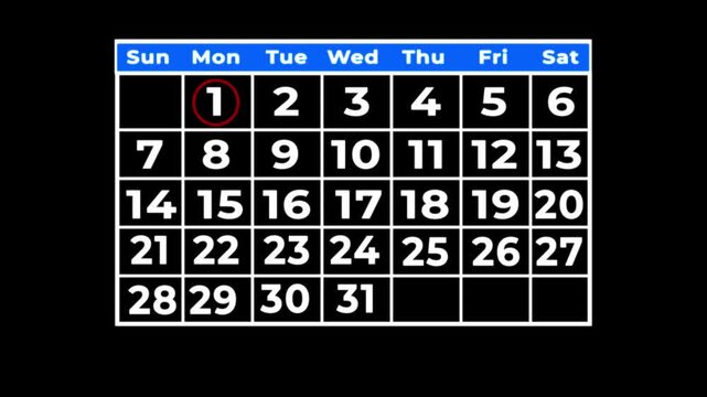 Calendar page with the first day of the month circled in red date number.Highlight calender number 1.