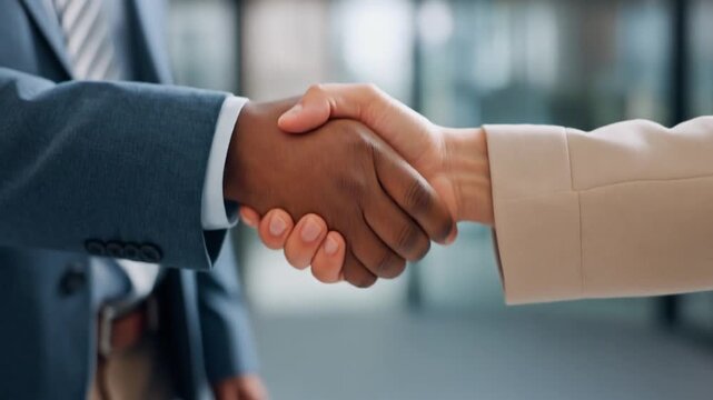 Professional handshake between business partners in a modern office setting.