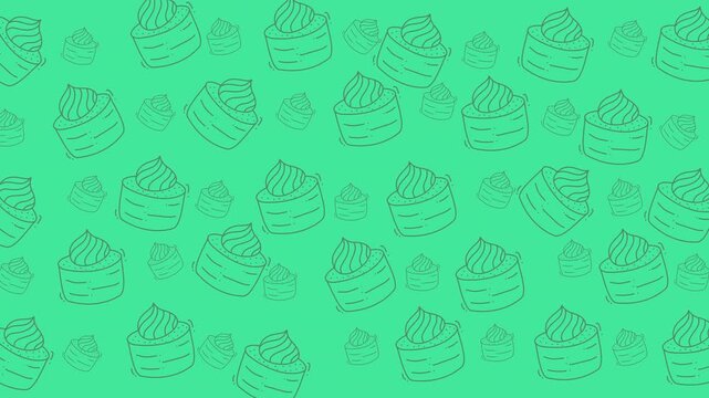 Whimsical cupcake doodles on green background, perfect for bakery branding, stationery, and foodrelated products in a colorful and playful style.