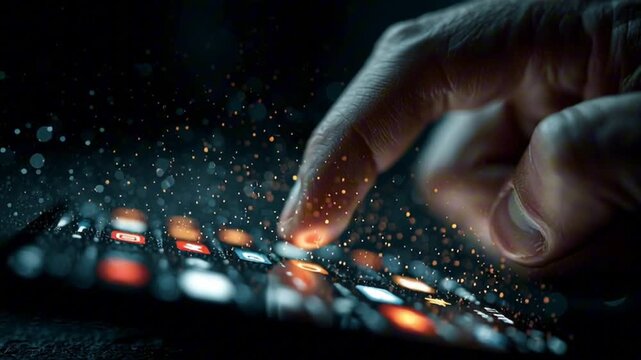Cinematic close-up of a male hand scrolling smartphone, tiny glowing app icons and emojis falling around like magical neon rain, dark moody background, reflections on hand from phone light, futuristic