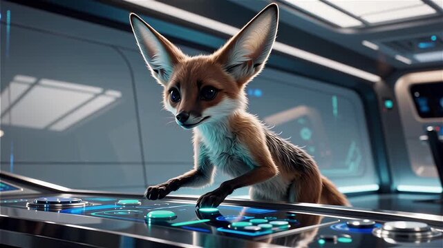 Fennec fox operating a futuristic control panel in a spaceship