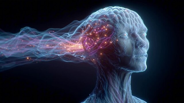 Futuristic glowing human head profile, neural pathways lighting up each floating social media icon waves energy brain, neon blue, pink, purple lights, sci-fi, digital network visualization