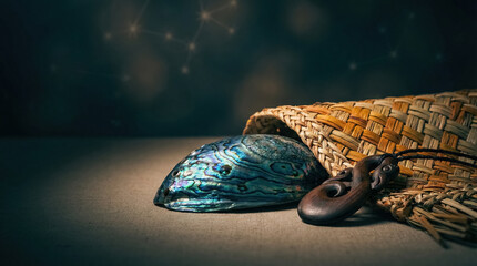 Paua shell, woven flax korowai fragment and carved manaia pendant.  New Zealand Maori Matariki New Year and star constellation background with copy space.