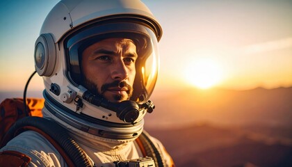 Fototapeta premium An Astronaut's Gaze at the Horizon on an Alien Planet at Sunrise