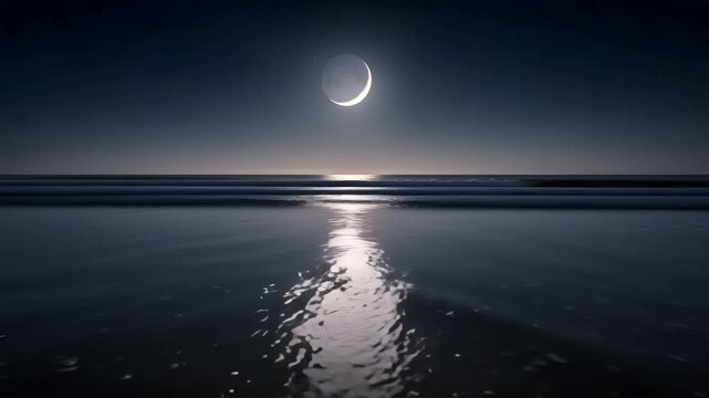 Moonlight ocean waves reflecting crescent moon serene beach nighttime coastal scene tranquil 4K HD high quality video.

