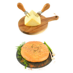 Culinary collage of hard cheese wedge with knives and traditional herb focaccia