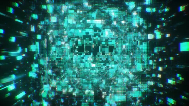 Cyan sparks dissolving glitch tiles mid air seamless futuristic surreal ambience cascading softly glowing abstract unique style ultra realistic loop