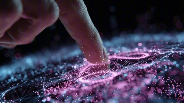Cinematic close-up male fingers swiping smartphone swipe triggers holographic neon streams, floating digital symbols, glowing lines, AI network nodes, data flowing liquid light air, sparks flares