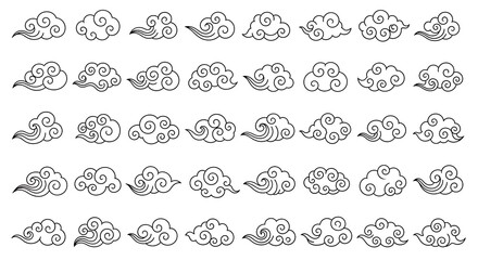 Set of decorative cloud illustrations with swirling designs in a monochrome palette