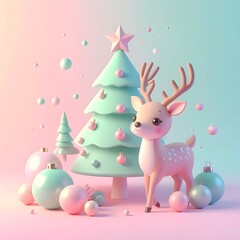 Obraz premium Christmas scene with soft pastel tones, a deer, tree, ornaments, and star; gentle, happy, holiday feel