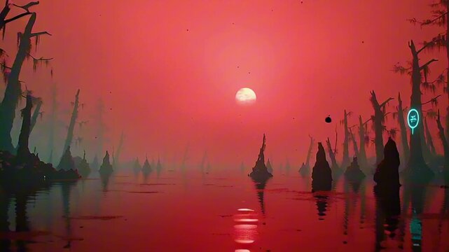 cinematic swamp, dense fog, huge red blood moon sky, twisted skeletal trees, shallow water reflecting crimson moonlight, shadowy hooded figures moving silently, faint glowing magical sigils ground