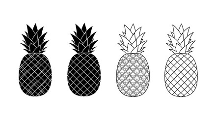 Fototapeta premium Set of four stylized pineapples in different black & white outlines and fills