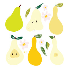 Seamless pattern with pears, leaves and blossoms in flat decorative style. Repeating fruit background perfect for textile, wrapping paper, wallpaper and surface design projects.