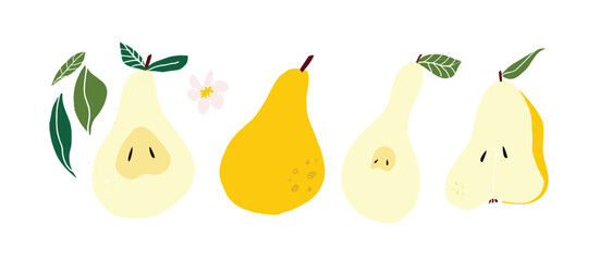 Modern flat illustration set of whole and sliced pears with leaves and small flowers. Clean fruit artwork ideal for menus, packaging, grocery branding and healthy food concepts.