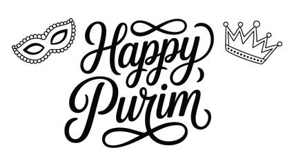 Happy Purim Hand Lettering Typography with Mask and Crown Outline Illustration for Jewish Festival Celebration Design