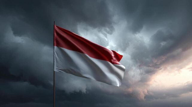 Flag of Indonesia Waving Against Dark Clouds and Sunset Sky Symbolizing National Pride and Resilience