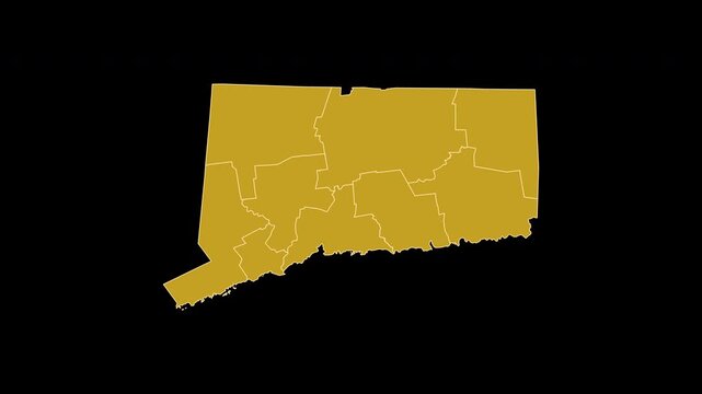 Connecticut USA Gold Map 3D Animation Alpha Channel Transparent Background 4K UHD ProRes 60fps Isolated for Geography Politics Election and Financial News