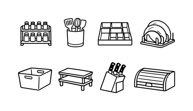 Home kitchen storage items: spice rack, utensil holder, drawer organizer, pot lid holder, pantry bin, shelf riser, knife block, bread box