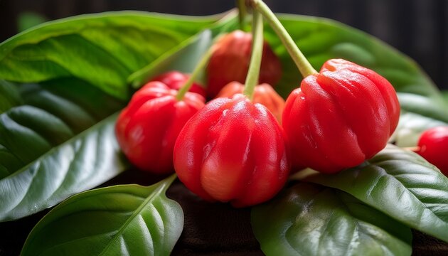 vibrant red surinam cherries with lush green leaves