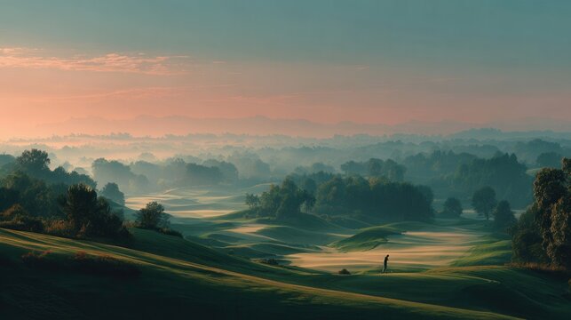 Greenkeeper operating mower on a golf course at sunrise with mist rising and long shadows, photorealistic.
