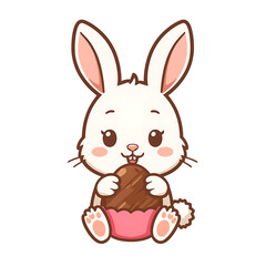 Obraz premium A cute cartoon rabbit enjoying a chocolate cupcake against a black background